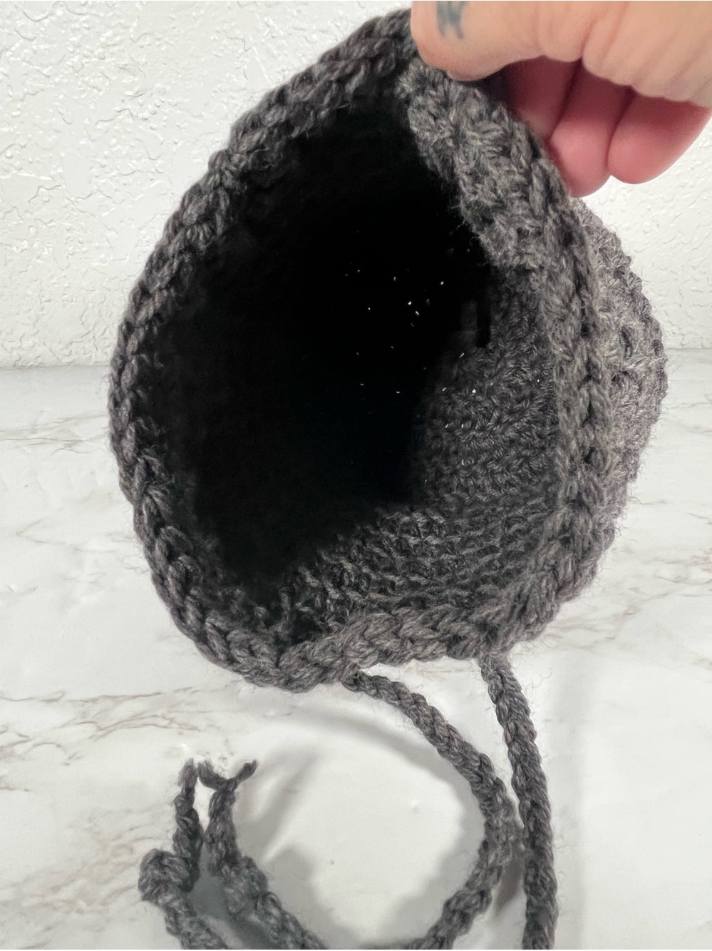 Gray Crochet Drawstring Bag - Picture 6 of 11
